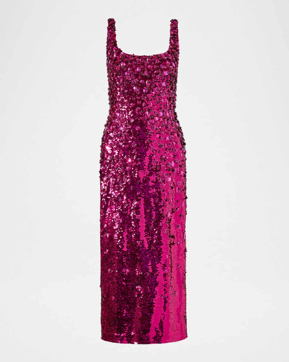 Floral Sequined Scoop-Neck Midi Dress